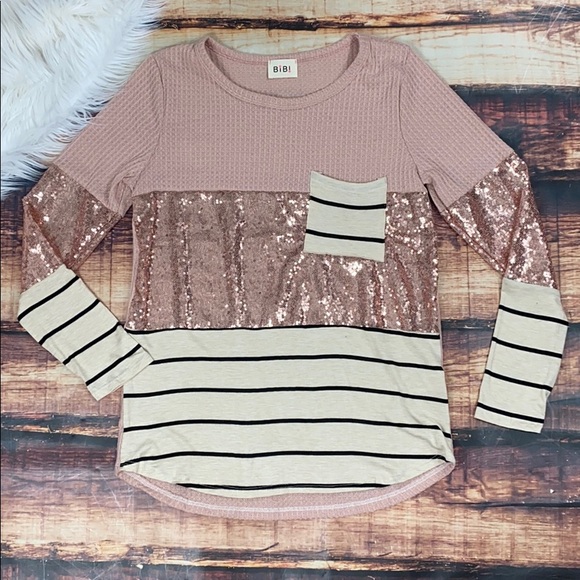 Tops - LAST 1<Pink Sequin Sparkly Long Sleeve Striped Top